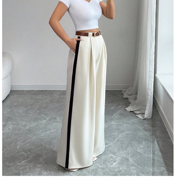 Classic Solid Stretchy Waist Pleated Pockets Wide leg Trouser Pants - Picture 6 of 12